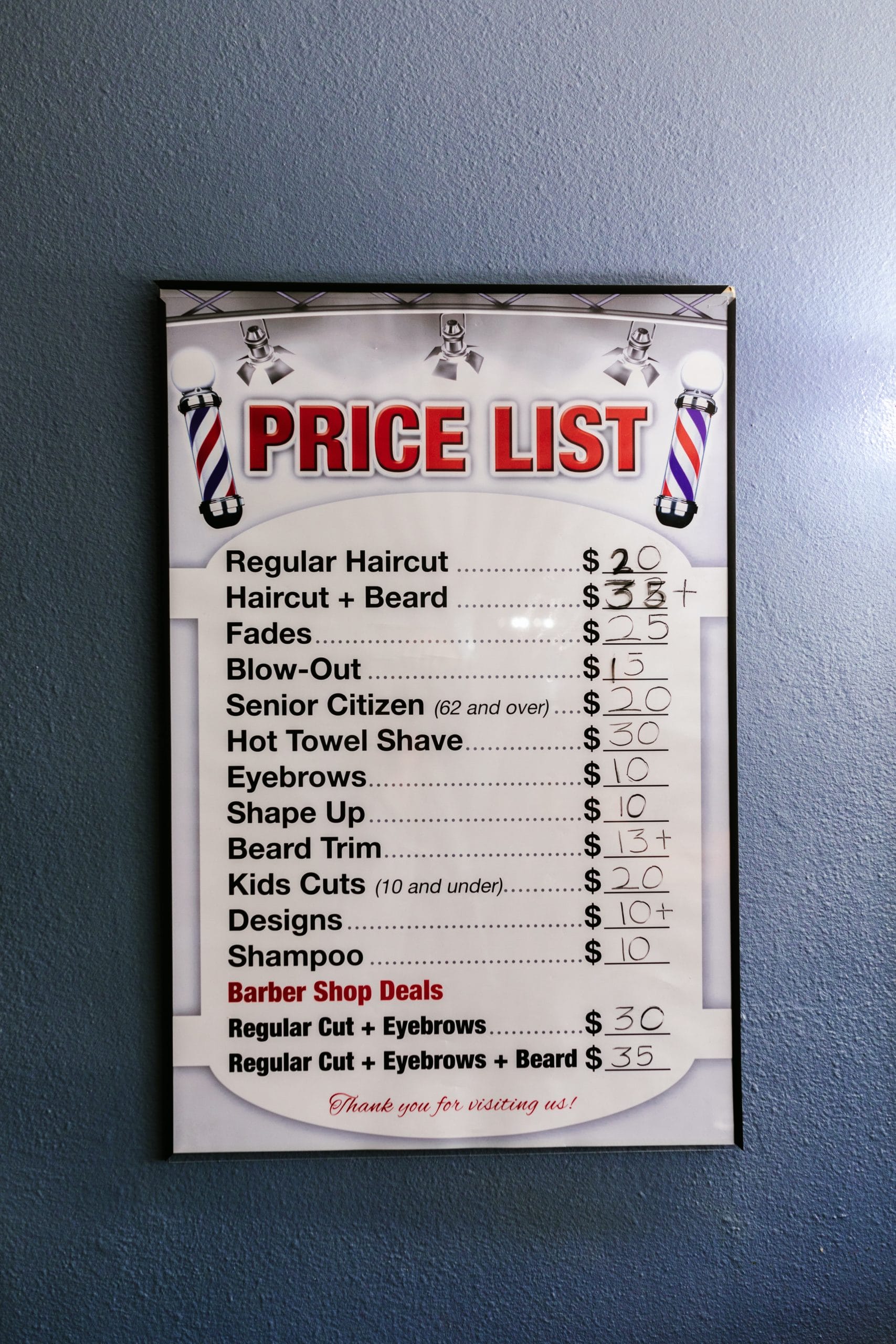 barber, standard price list